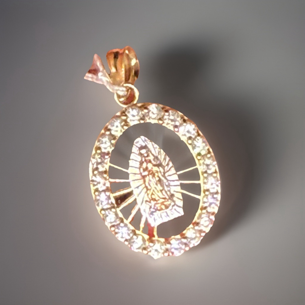 14K Gold Virgin Mary Pendant Oval Halo Cubic Zirconia Religious Charm Gift